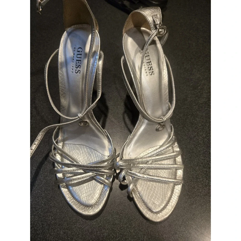 GUESS By Marciano Silver Strappy Ankle Wrap Heels Sandals Womens Size 7M